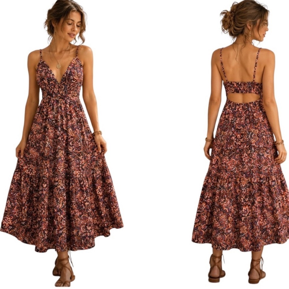 Jason Wu Maxi Dress Womens S Floral Tiered Boho V-Neck Cutout Back Romantic Flow